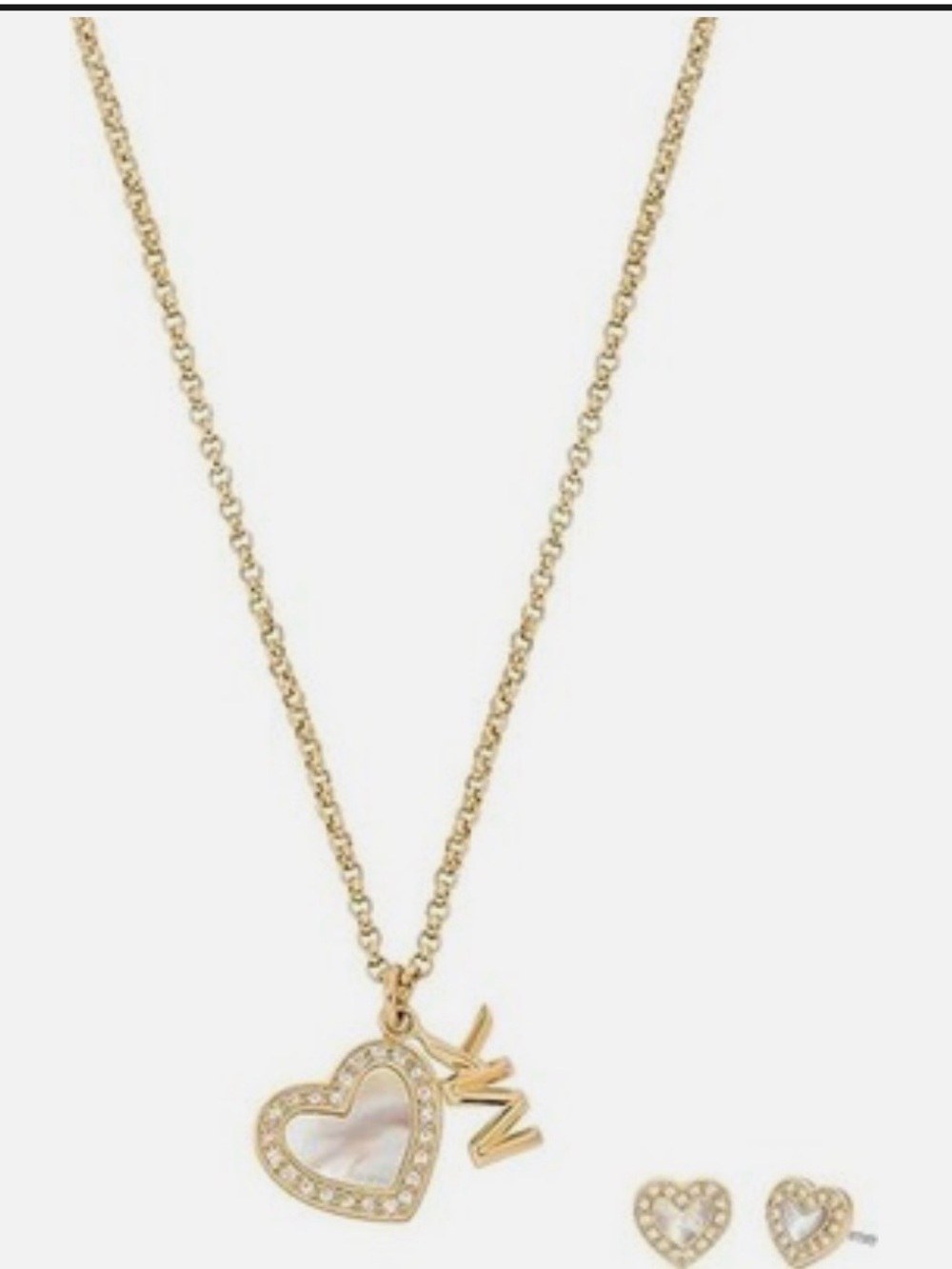 MICHAEL KORS SET OF GOLD TONE CRYSTAL MOP HEART SHAPE MK NECKLACE & EARRINGS+BOX